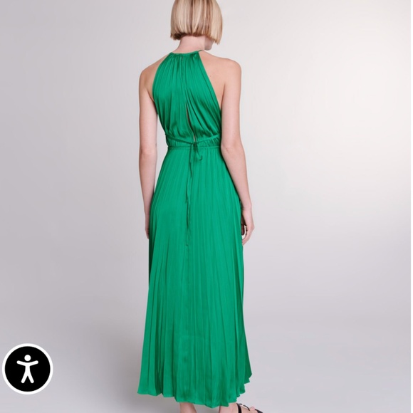 NWT Maje Reilly Green Pleated satin maxi dress halter - Picture 3 of 6